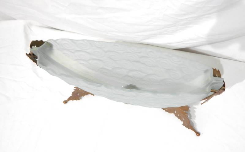 lot 51 image: Decorative Frosted Glass and Metal Leaf Base Half Moon Vase