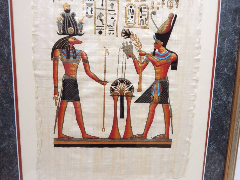 lot 16 image: Vintage Framed King Ramses II and God Khnum Egyptian Papyrus