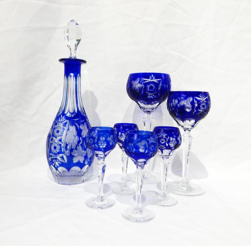 lot 69 image: Vintage Nachtmann Traube Cobalt Blue Wine Decanter, Wine Hock and Cordial Set