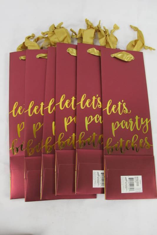 lot 105 image: 6 Pack of Bottle Gift Bags - Medium - LETS PARTY BITCHES - MaroonGold
