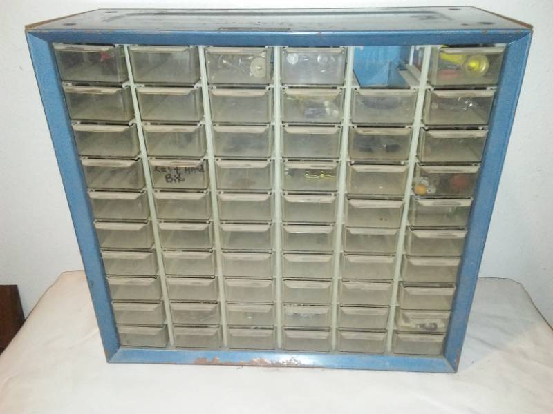 lot 203 image: Metal Parts storage bins and case with contents.