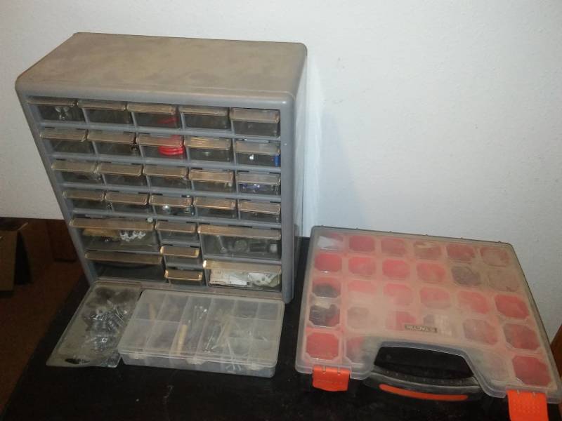 lot 249 image: Plastic storage bins and case with contents