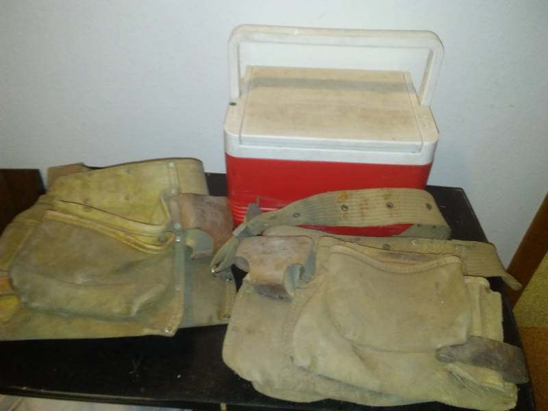lot 260 image: 2 leather tool belts and cooler.