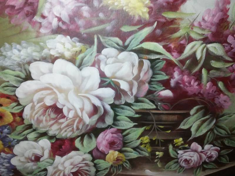 lot 334 image: Acrylic floral painting. Stretched canvas