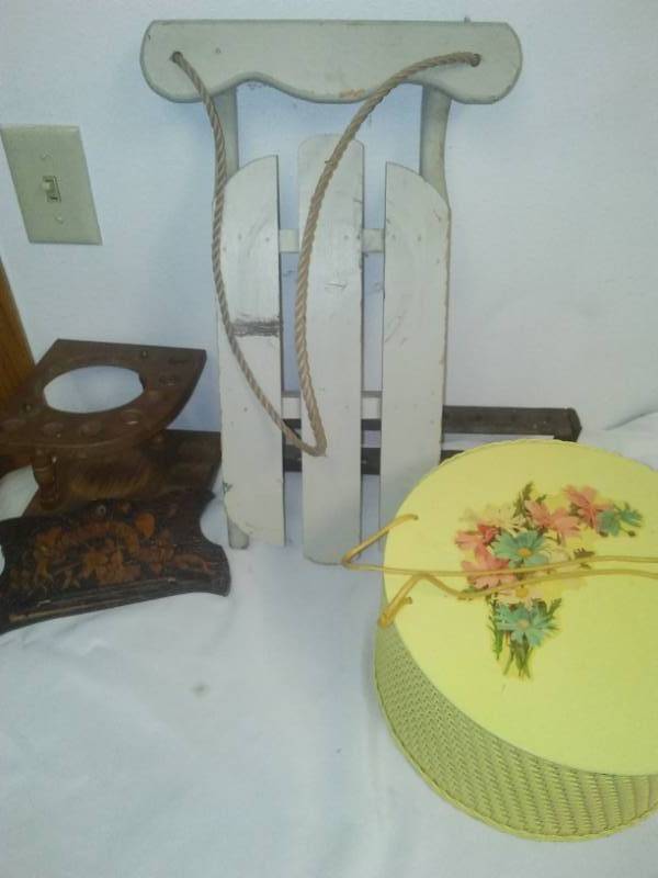 lot 25 image: Wood - pipe holders, sewing box, sled.