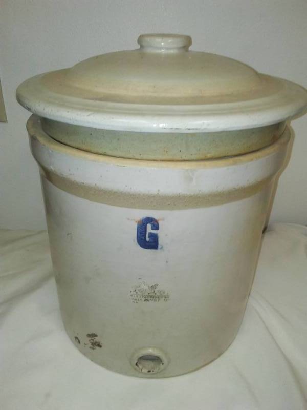 lot 77 image: Crock water jug with ice container and cover.