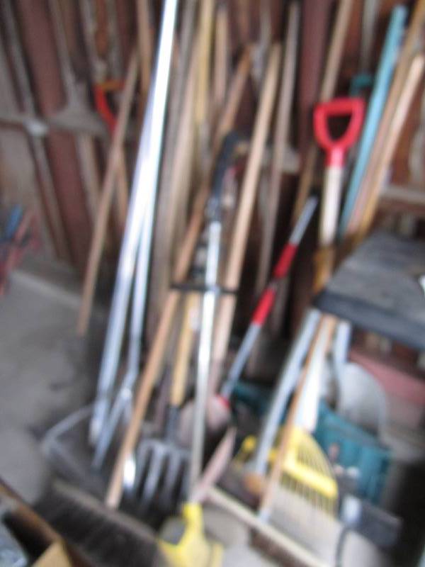 lot 126 image: Shovels, forks, brooms, John Deere ...