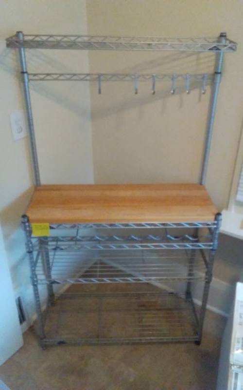 lot 12 image: Metro Utility Rack With Wood Top, Pot Hooks & Bottle Shelf