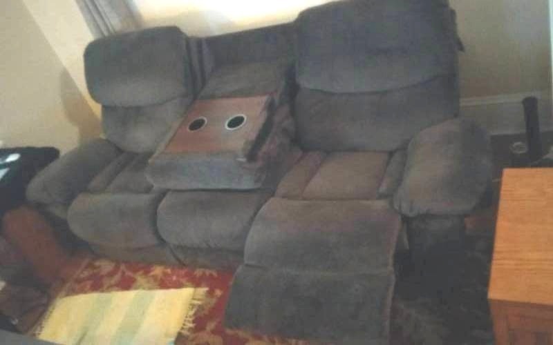 lot 41 image: Dark Brown Dual-Power Recliner Couch With Flip Down Table Top 92