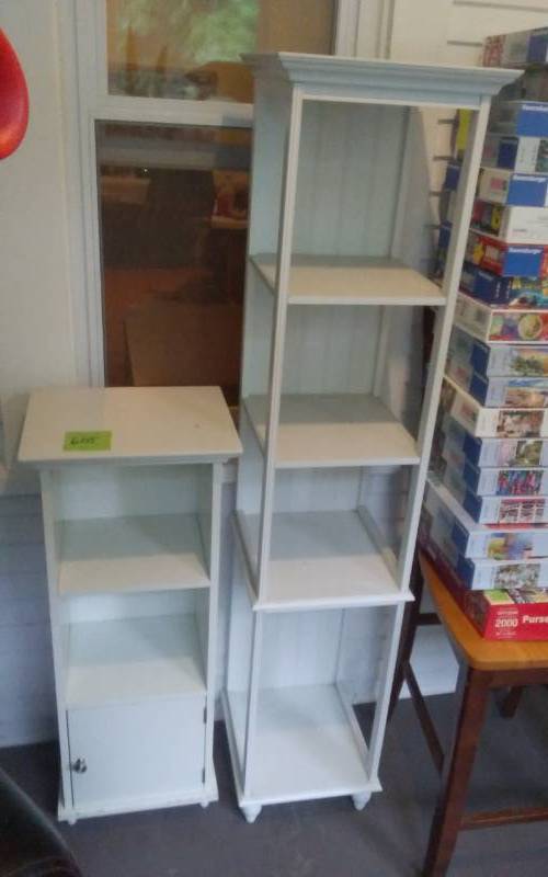 lot 50 image: 2-White Shelves, Stand With Cabinet 14x12x36, 13x12x60