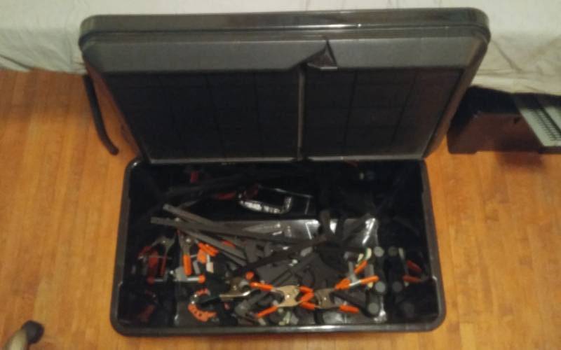lot 74 image: Bin With Lid Full Of Clamps