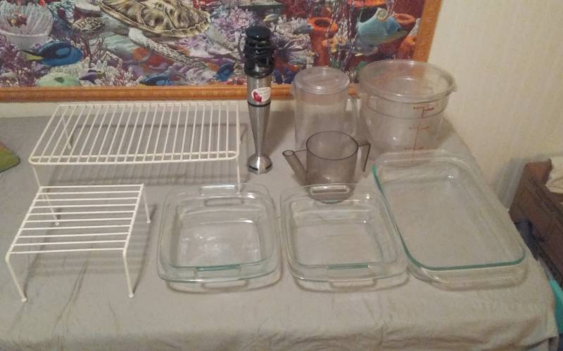 lot 77 image: In Cupboard-Space Saver Racks, Pyrex Dishes, Commercial Plastic Food Storage, Pitcher, Fat Fat Separator
