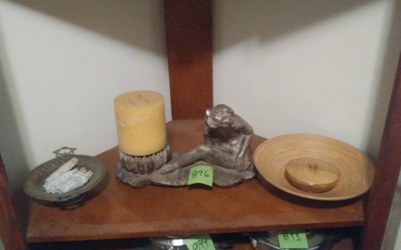 lot 89 image: Monkey Candle Stand, Wood Bowls, Metal Compote