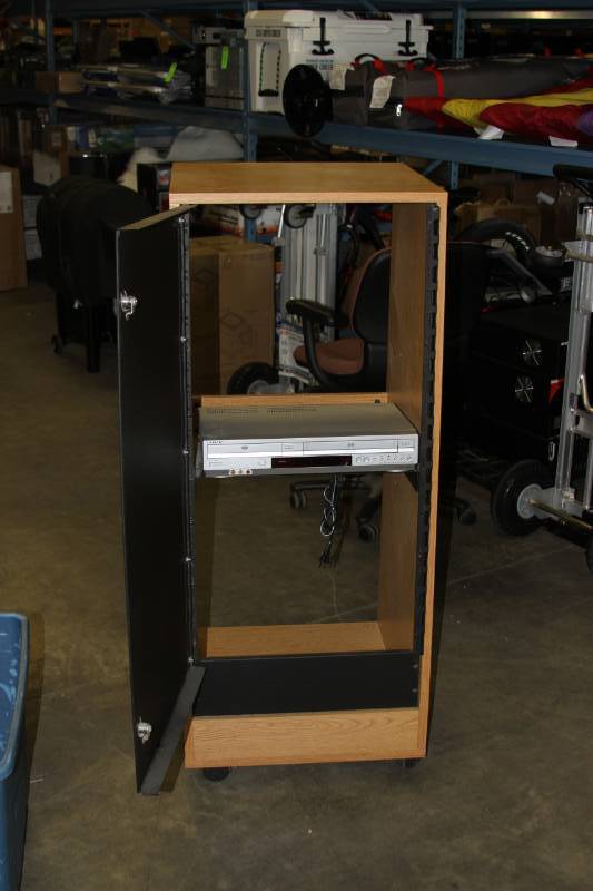 lot 61 image: Rolling AudioVideo Equipment Rack with Wood Finish & Metal Door - Includes DVDVCR Combo Unit