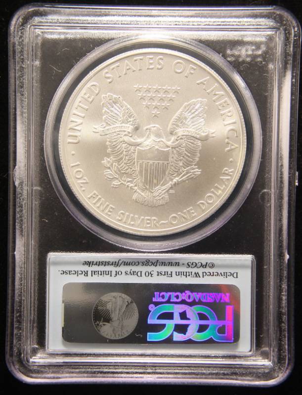 lot 18 image: 2012(S) AMERICAN SILVER EAGLE 1 TROY OZ. .999 FINE SILVER MS70 PCGS FIRST STRIKE