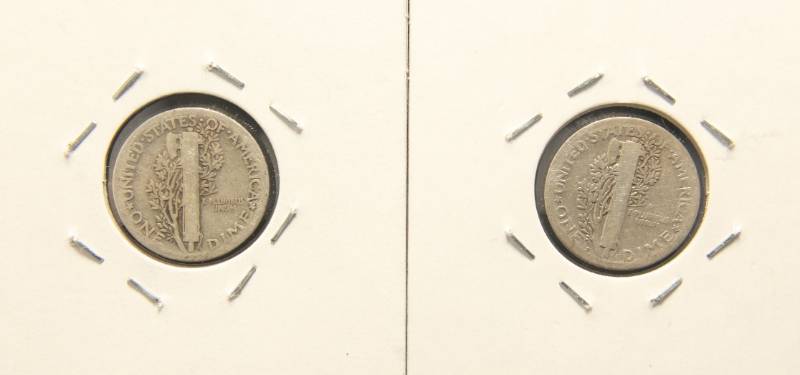 lot 20 image: 2 MERCURY SILVER DIMES 1923 1923-S