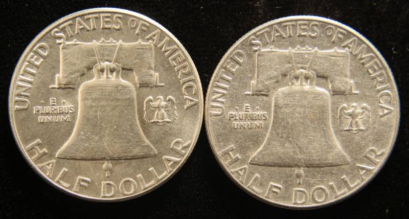 lot 36 image: 2 FRANKLIN HALF DOLLARS 1957 1963