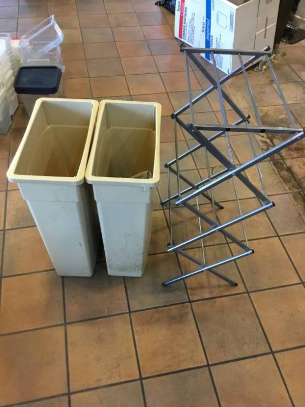 3 rectangle garbage cans and misc items
