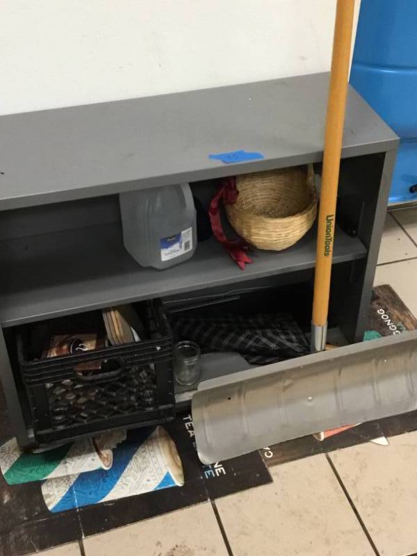 Metal shelf, snow shovel and misc items.