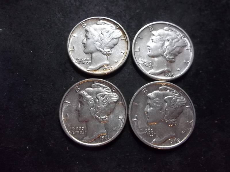 lot 148 image: 4-Silver Mercury Dimes BU 1936-1942