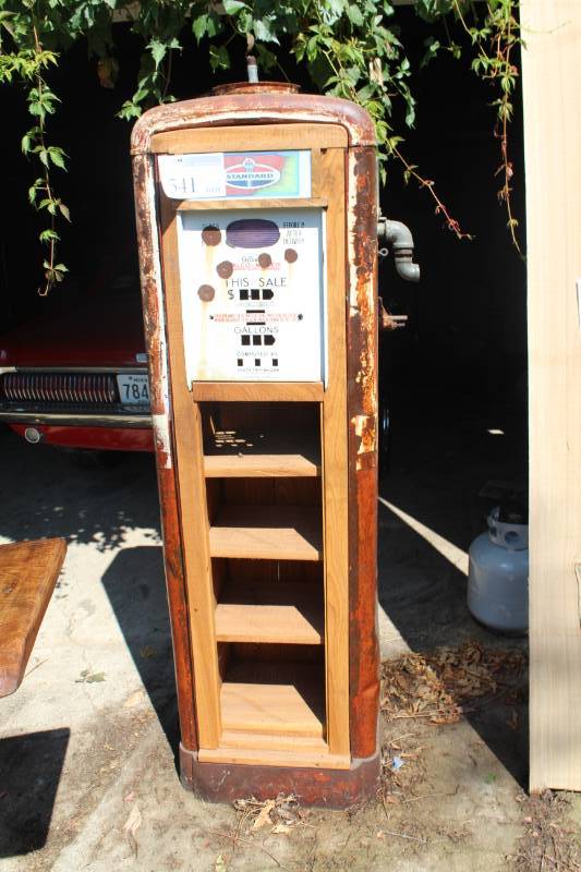 lot 541 image: Standard Metal Gas Pump with Custom 4-Tier Wood Shelving