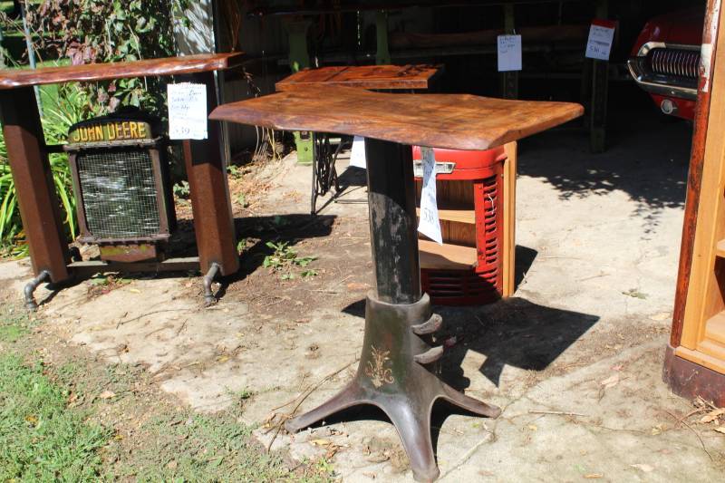lot 538 image: Industrial Pub-Style Metal Post Table with Oak Live Edge Top