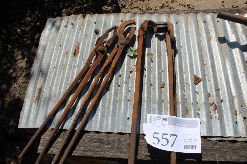 lot 557 image: Lot of (4) Vintage Metal Forge Tongs, Tools
