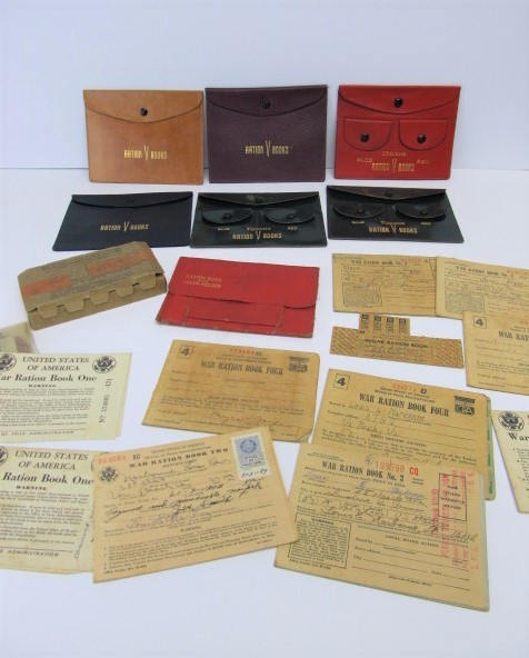 lot 26 image: Lot of Vintage WW2 Ration Books Holders & BlueRed Tokens 