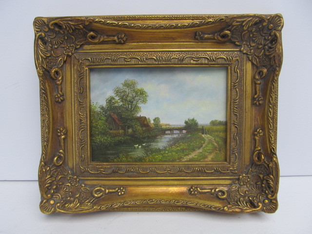 lot 39 image: Ornately Framed Small Oil on Canvas Pastoral Scene Painting