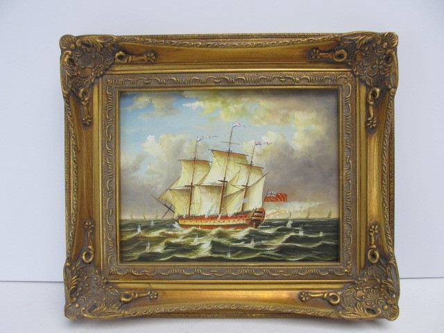 lot 40 image: Ornately Framed Small Oil on Canvas British Sailing Ship Nautical Painting