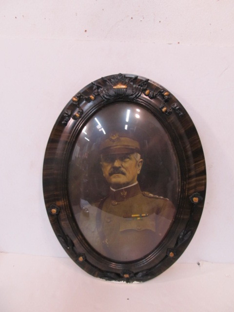 lot 52 image: Original Antique WW1 General Black Jack Pershing Color Photograph in Convex Bubble Glass Oval Frame