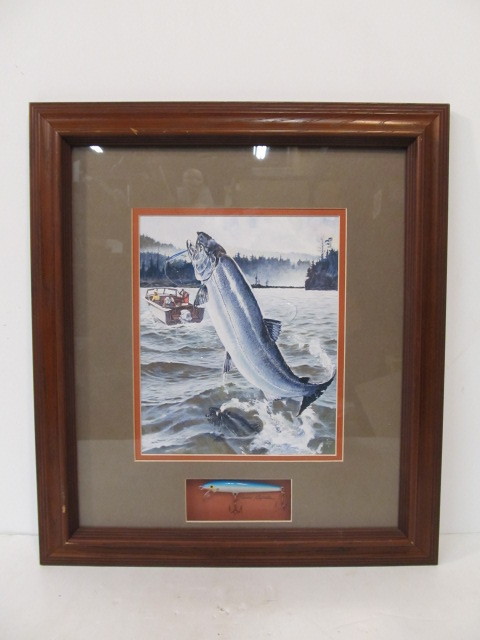 lot 60 image: Framed Fishing Print wLure Signed by Jarmo Rapala