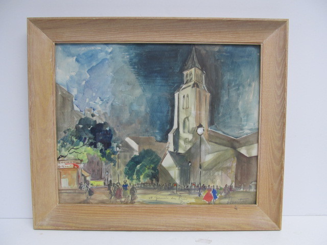 lot 81 image: Vintage Mid Century 1950s Framed Watercolor Paris Scene Painting - Signed Huertas