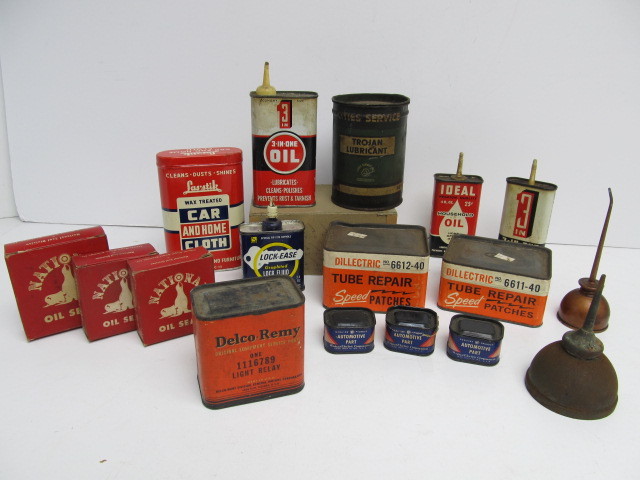 lot 93 image: Group of Vintage Oil Cans NOS Car Parts etc