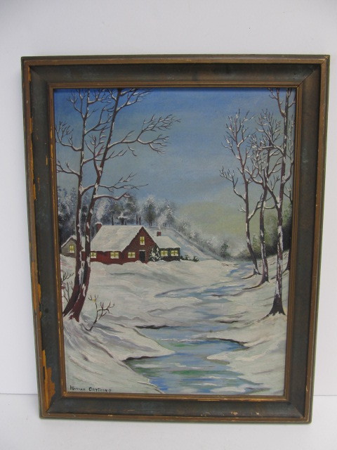 lot 126 image: Old Vintage 1930s Folk Art Winter Scene Painting