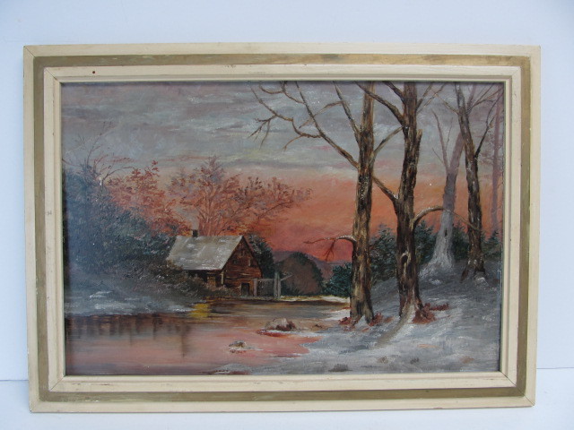 lot 127 image: Framed Antique Original Cabin on River Scene Oil Painting