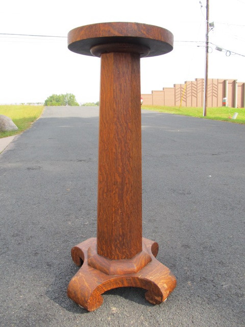 lot 159 image: Antique Tiger Oak Columnar Plant Stand wBrass Top