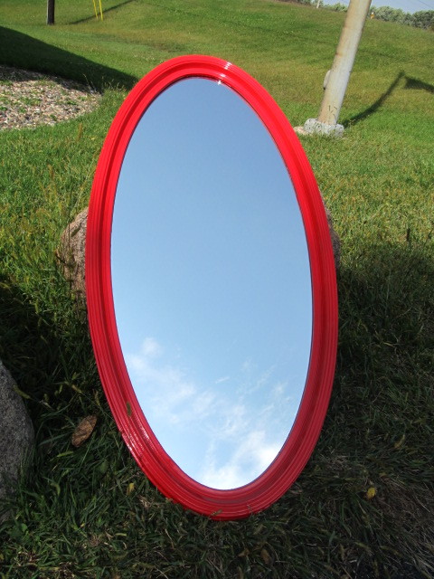 lot 156 image: Large Retro Oval Wall Mirror wRed Frame