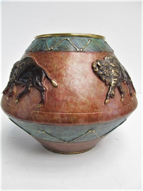 lot 7 image: Signed & Numbered R. MORALES Southwestern Copper & Bronze Pot wRaised Buffalo Design 