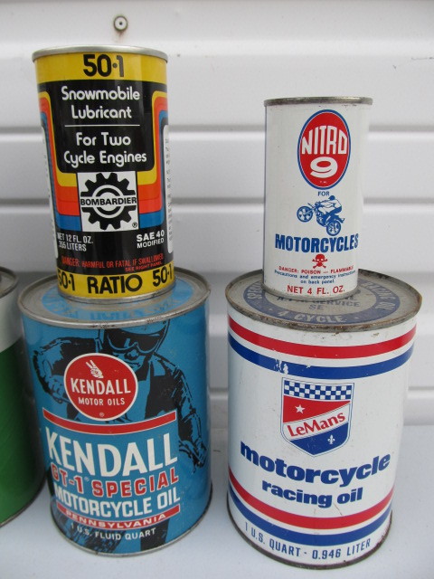 lot 254 image: Lot of Vintage Motorcycle & Snowmobile Advertising Oil Cans