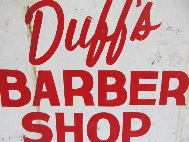 lot 279 image: Vintage Double Sided DUFFS BARBER SHOP Metal Advertising Sign