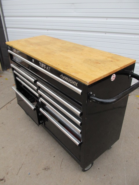 lot 4 image: HUSKY Rolling Wood Top Metal Workbench FULL of Tools