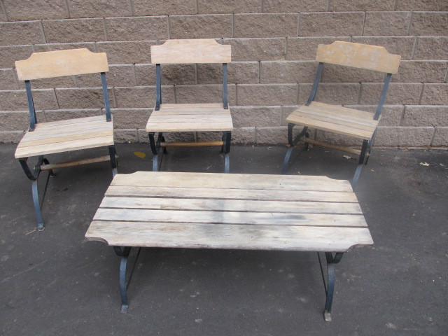 lot 296 image: Matching Set of Quality Iron & Wood Slat Patio Chairs & Bench