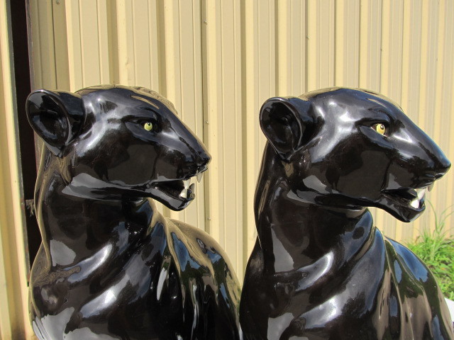 lot 2 image: Pair of LARGE Mid Century Ceramic JaguarPanther Statues