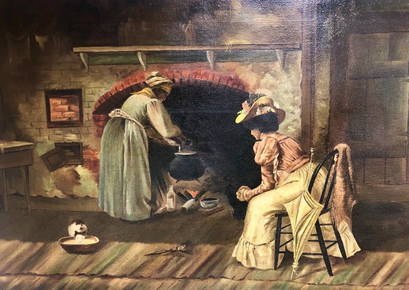 lot 9 image: Antique Early 20th Century Oil on Canvas Victorian Fireplace Scene in The Style of Harry Roseland