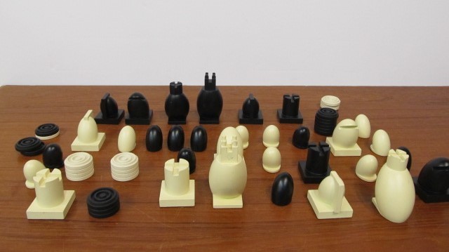 lot 16 image: Vintage Signed Mod Style Chess & Checkers Set