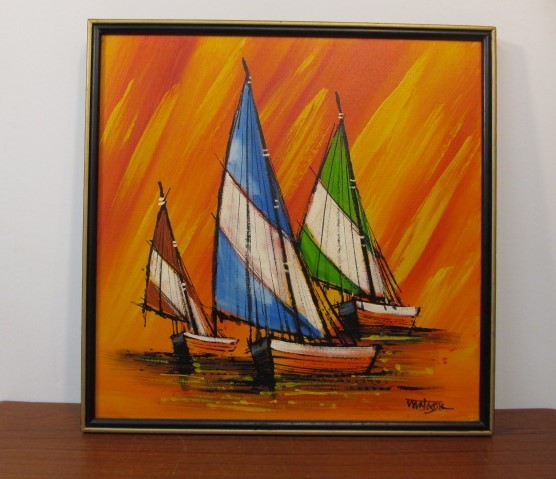 lot 18 image: Framed Signed Mid Century Oil on Canvas Sailboat Painting