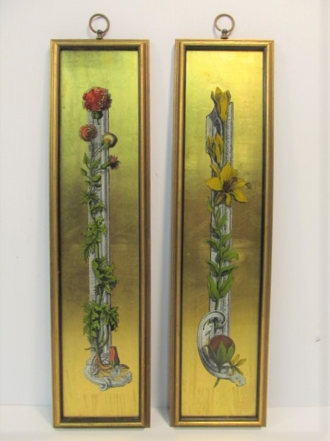 lot 19 image: Pair of Vintage 1950s SUNGOTT STUDIOS Hand Colored Framed Glass Wall Hangings