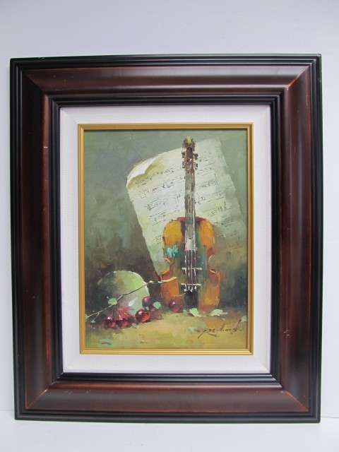 lot 57 image: Framed Signed Oil on Canvas Still Life wViolin