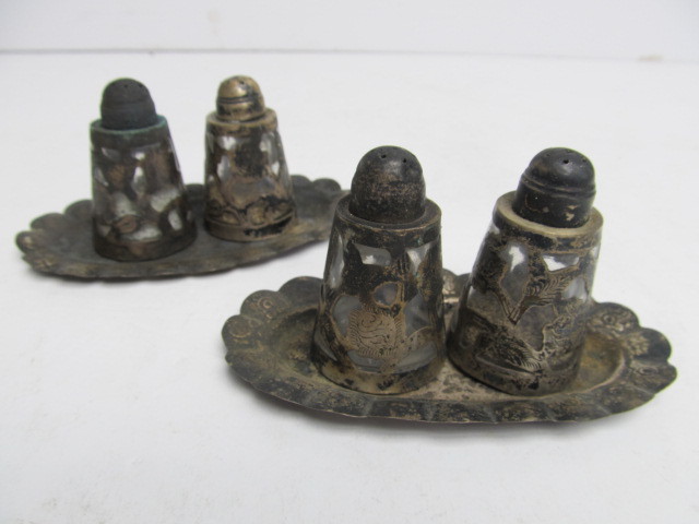lot 84 image: 2 Pair Vintage Signed Mexico Sterling Silver Salt & Pepper Shakers wTrays